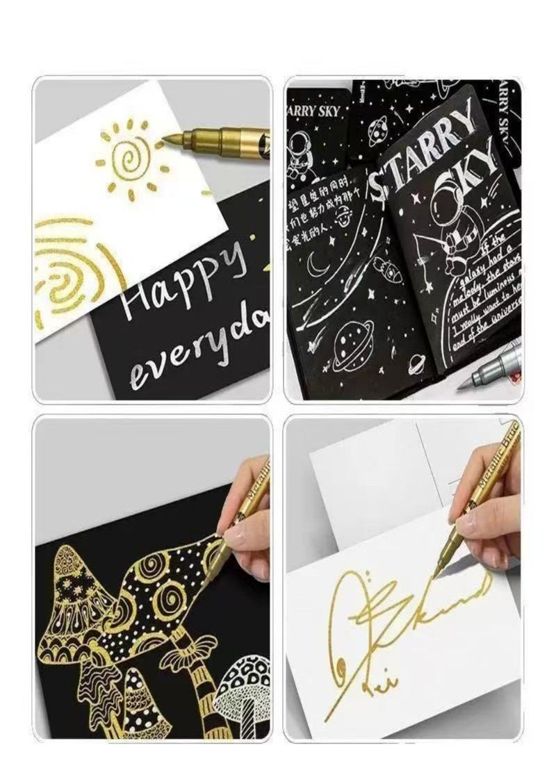 12pcs Metallic  Gold & Silver Markers Painting Set, Metallic Permanent Markers Pens Set Waterproof, Non-Toxic Ink for DIY Crafts, Resin Art, Scrapbooking, Black Card Drawing, Ramadan Decorations, Works on Wood, Glass, Metal, Plastic, Ceramic - Image 5